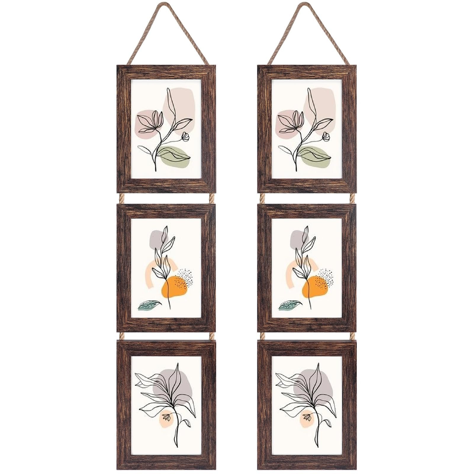 Two vertical collages of three distressed brown picture frames each, hanging by rope, displaying abstract floral line art.
