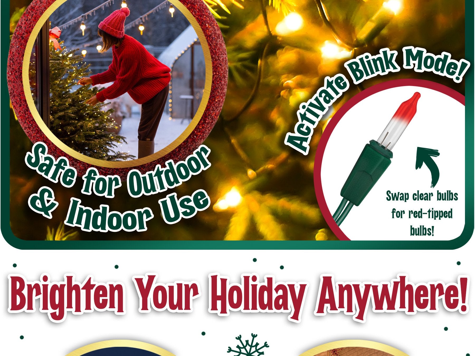 Christmas tree lights with a woman decorating a tree and a close-up of a bulb with instructions.
