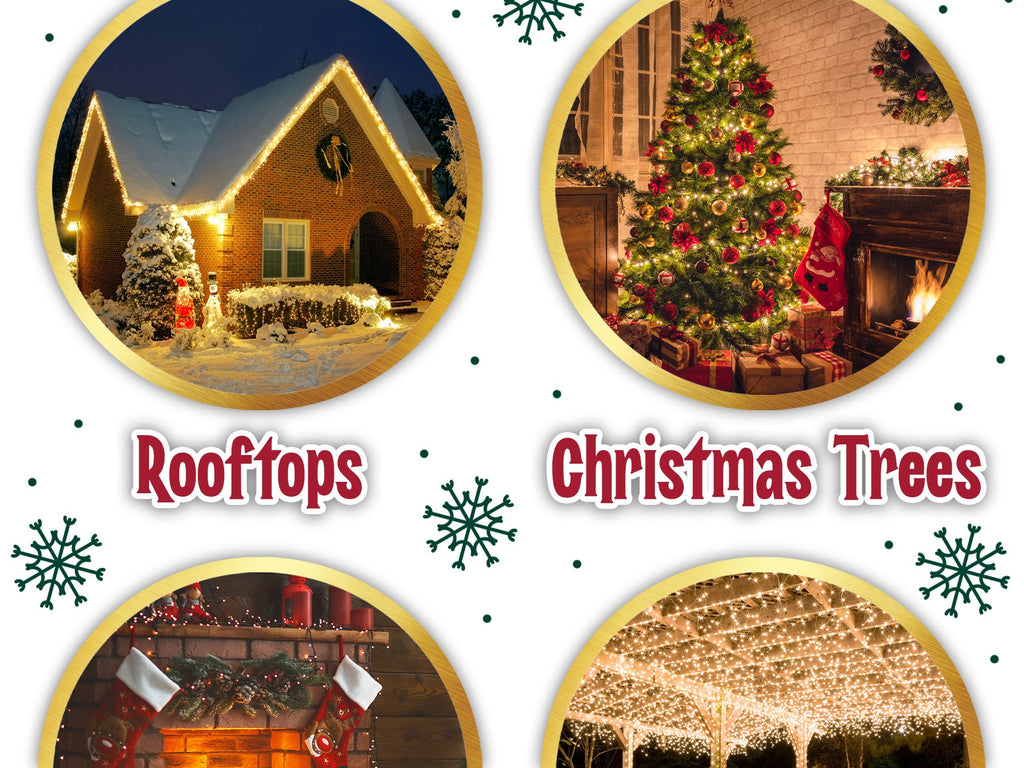 Collage of four circular images showing Christmas lights on rooftops, a decorated Christmas tree, a fireplace with stockings, and lights on an outdoor pergola.