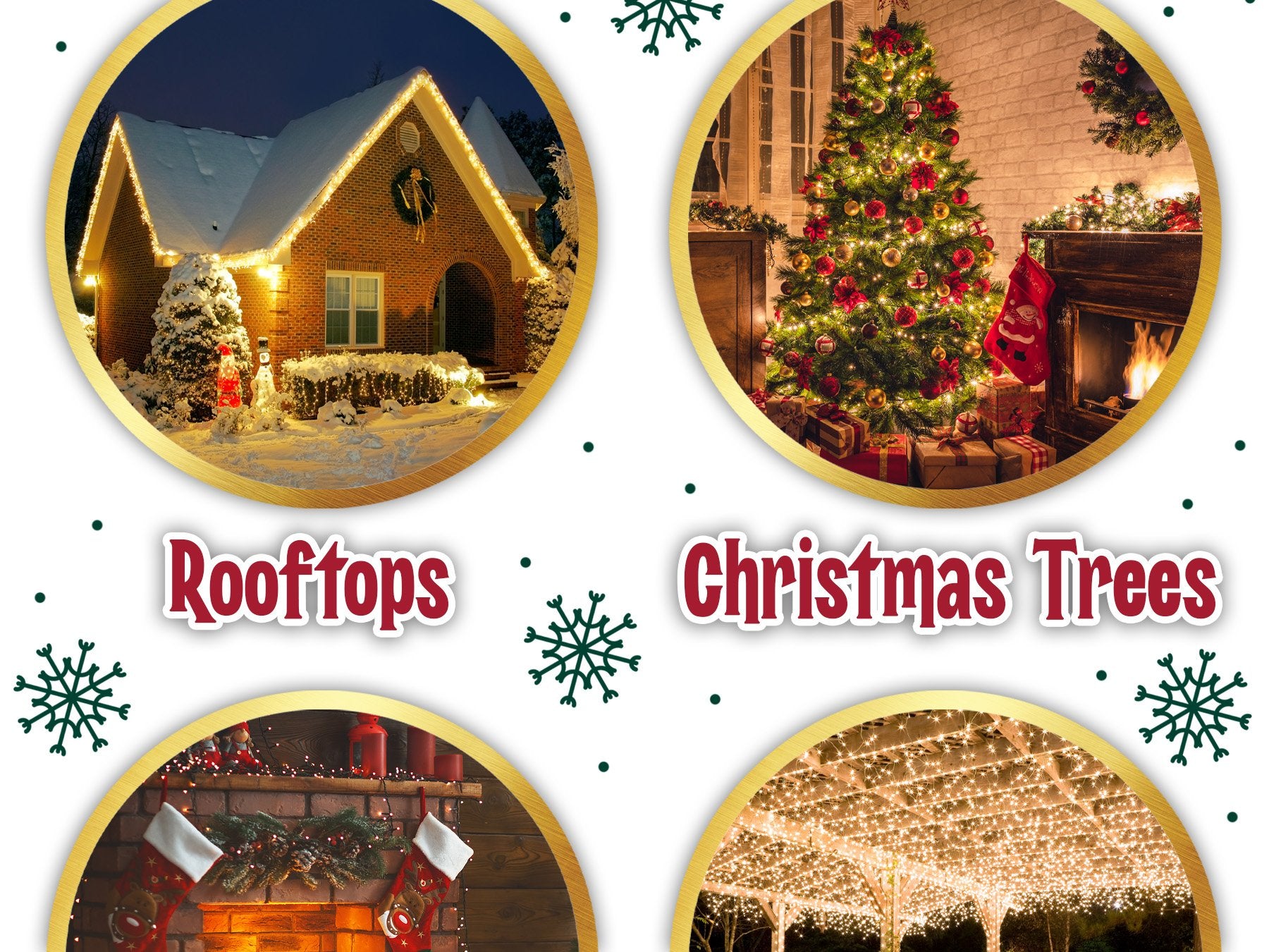 Collage of four circular images showing Christmas lights on rooftops, a decorated Christmas tree, a fireplace with stockings, and lights on an outdoor pergola.