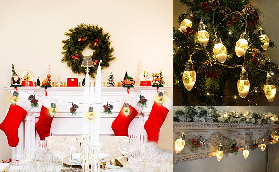 Christmas garland lights with pinecones and berries draped over a fireplace and Christmas tree