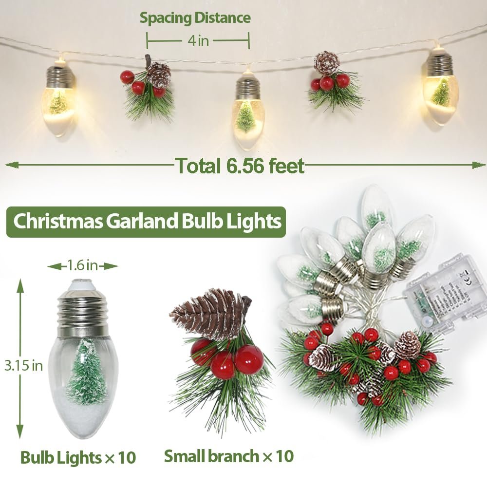 Christmas garland bulb lights with pine sprigs and red berries, showing dimensions and quantity.