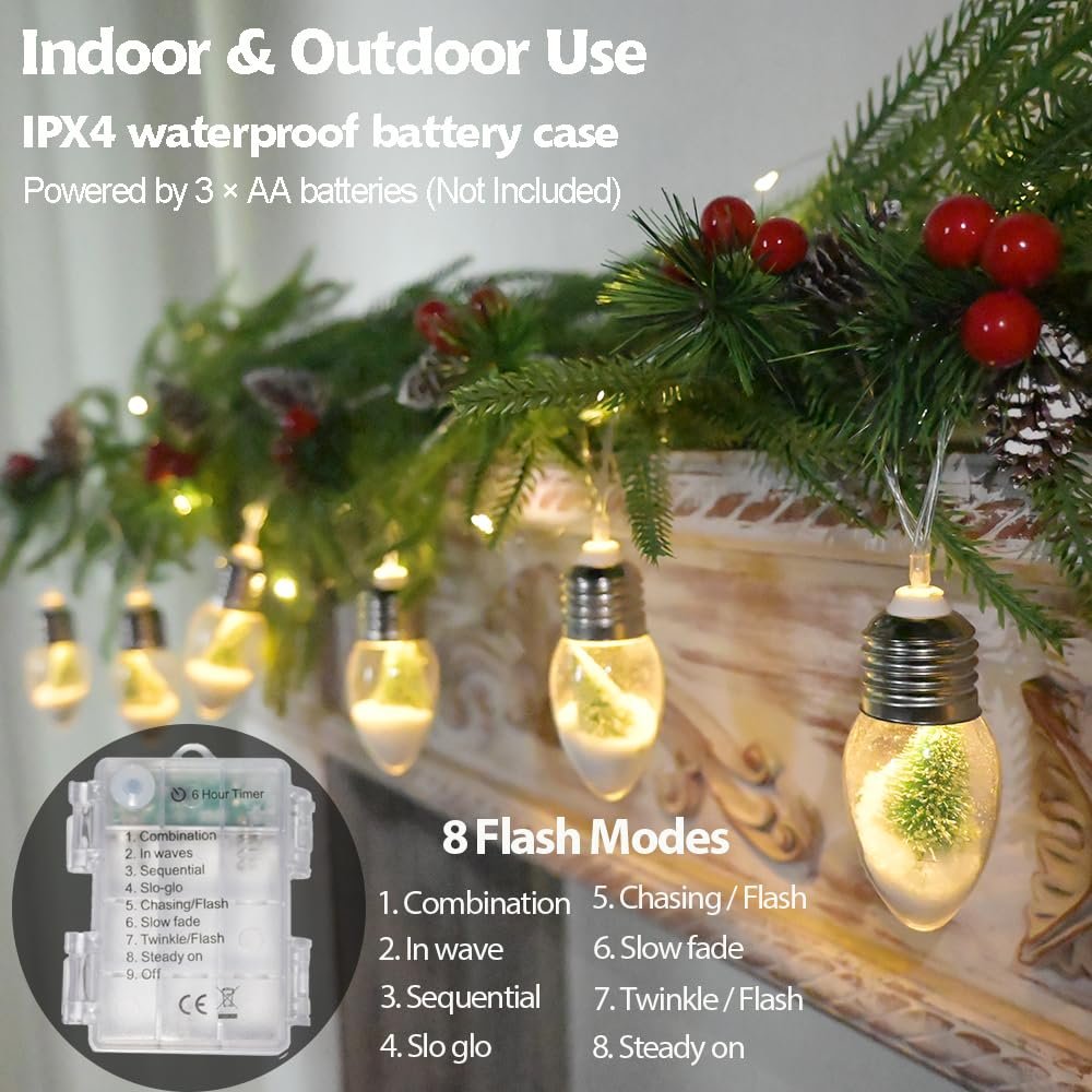 Christmas pine garland with lights featuring snow globe bulbs, showing indoor/outdoor use and 8 flash modes.