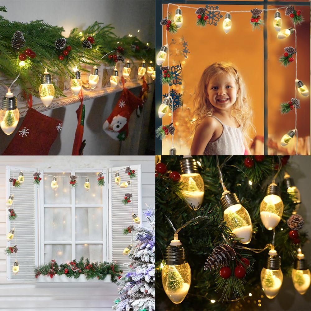Collage of Christmas pine garland lights decorating a mantel, window, and tree, with a child smiling.