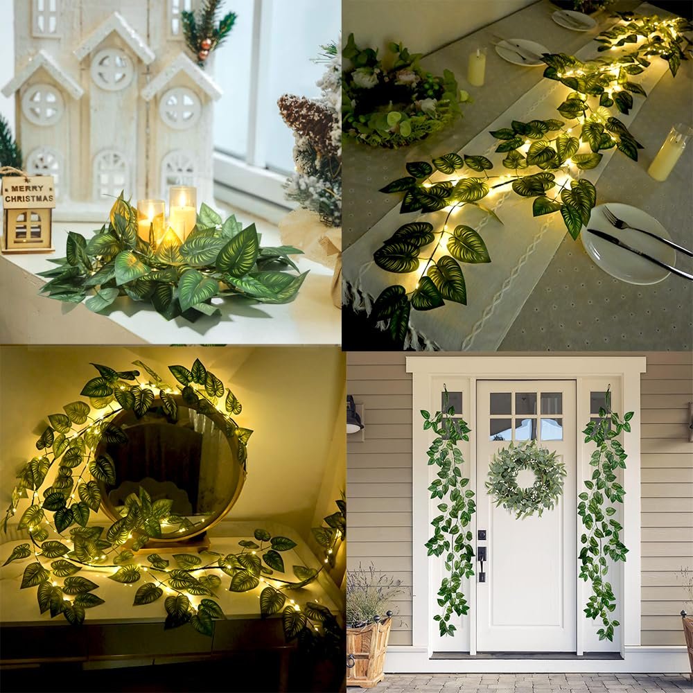 Four scenes of green vine garland with LED lights decorating a home for holidays and events.