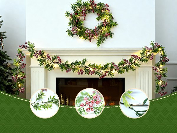 Lighted Christmas garland with red berries and green leaves draped over a fireplace mantel, with inset close-ups of garland details.