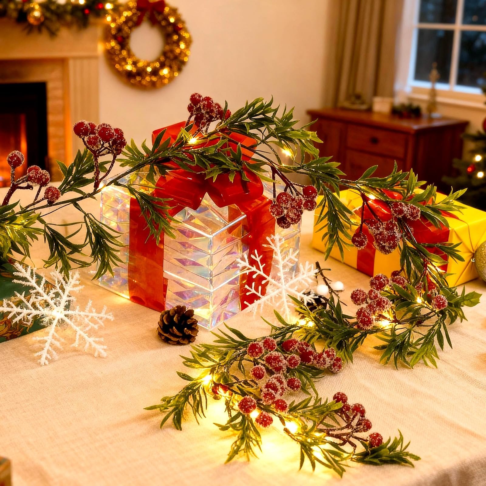 Christmas garland with red berries, green leaves, and warm white LED lights draped over presents and snowflakes.