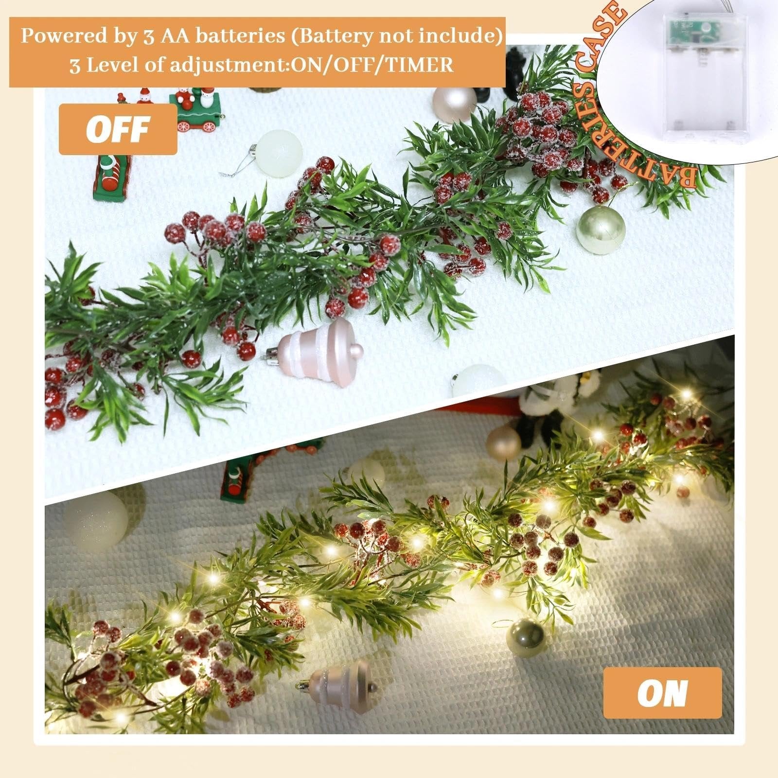 Christmas garland with red berries and green leaves, shown in off and on states with warm white LED lights.