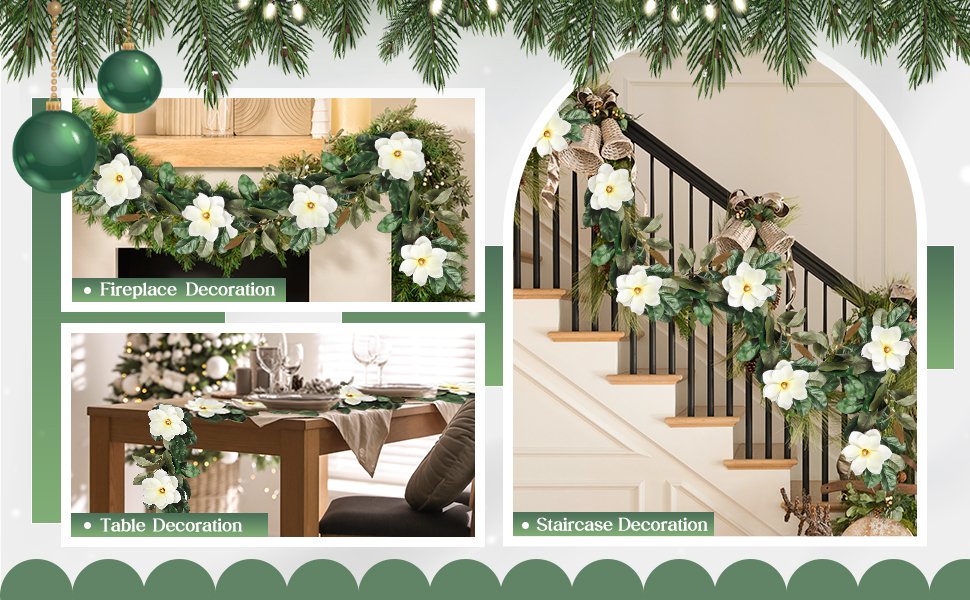 Artificial magnolia garland with white flowers and green leaves shown on a fireplace mantel, dining table, and staircase.