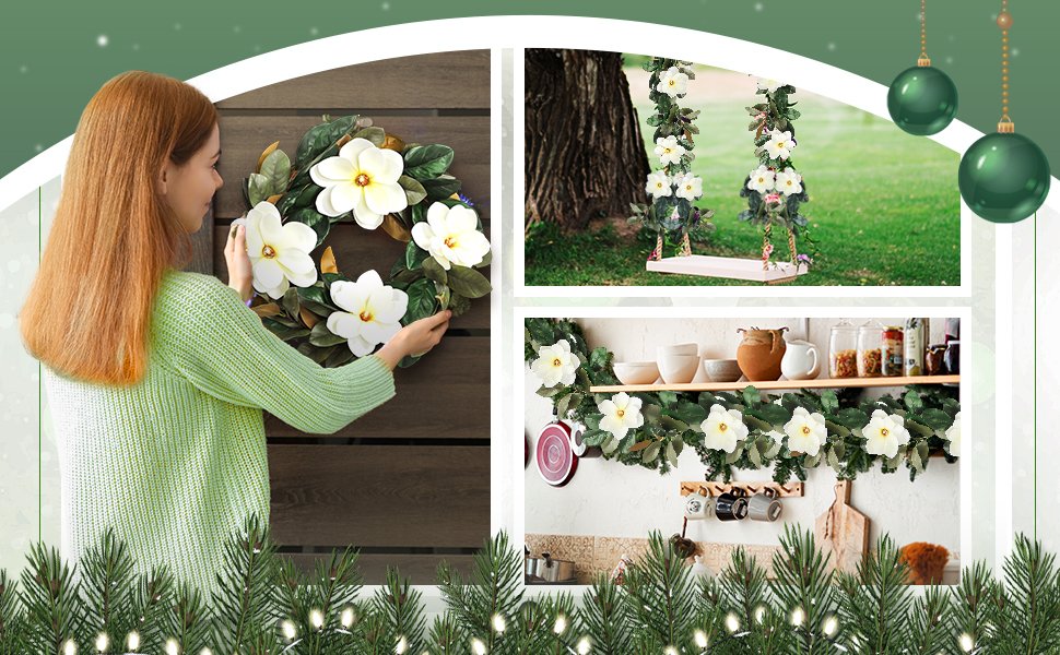 Collage of artificial magnolia garland and wreath in various settings: woman hanging wreath, garland on swing, garland on kitchen shelf.