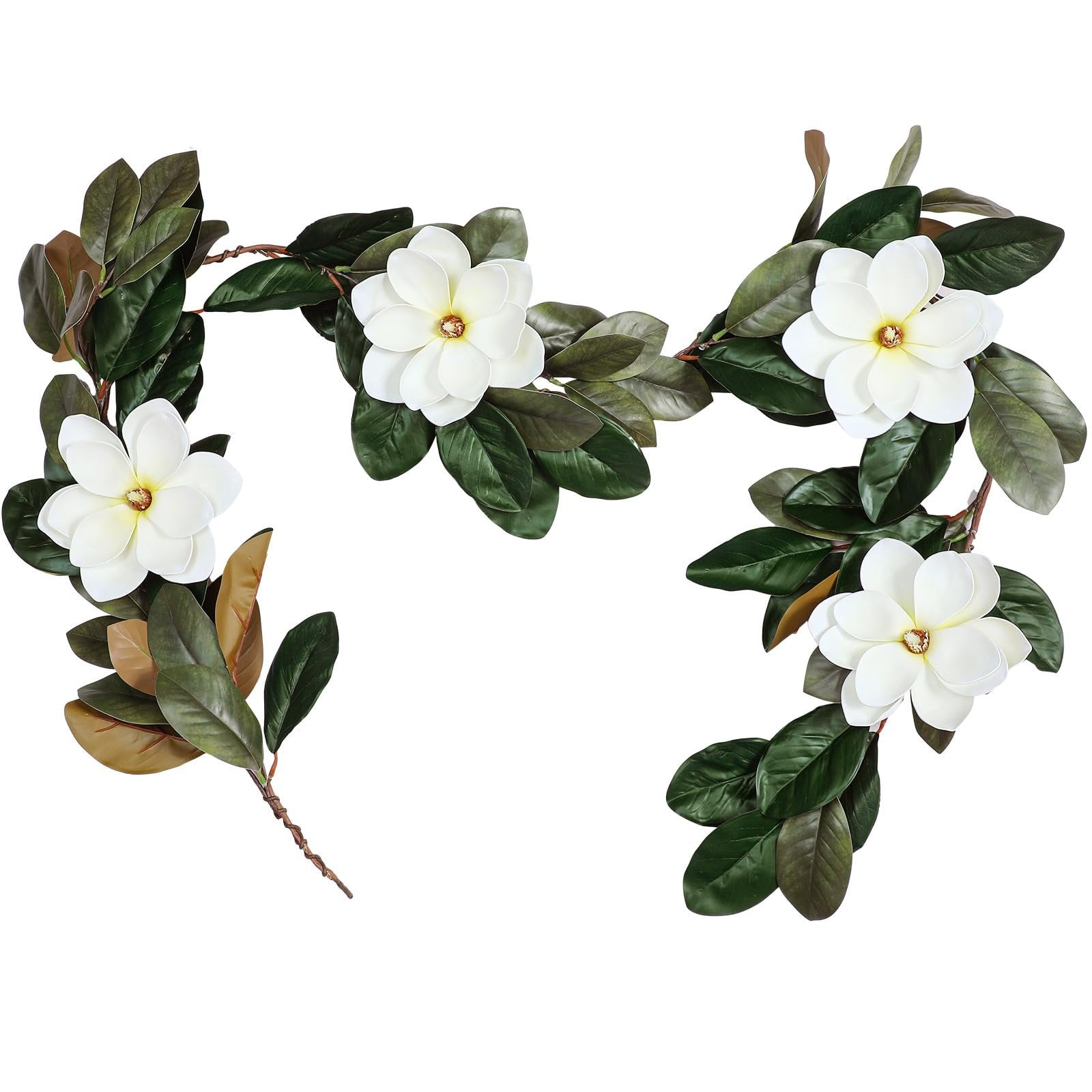Artificial magnolia garland with white flowers and dark green leaves on a white background