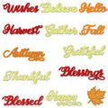 Autumn themed word cutting dies including Wishes, Believe, Hello, Harvest, Gather, Fall, Autumn, Grateful, Thankful, Blessings, Blessed, Happy, and a maple leaf.