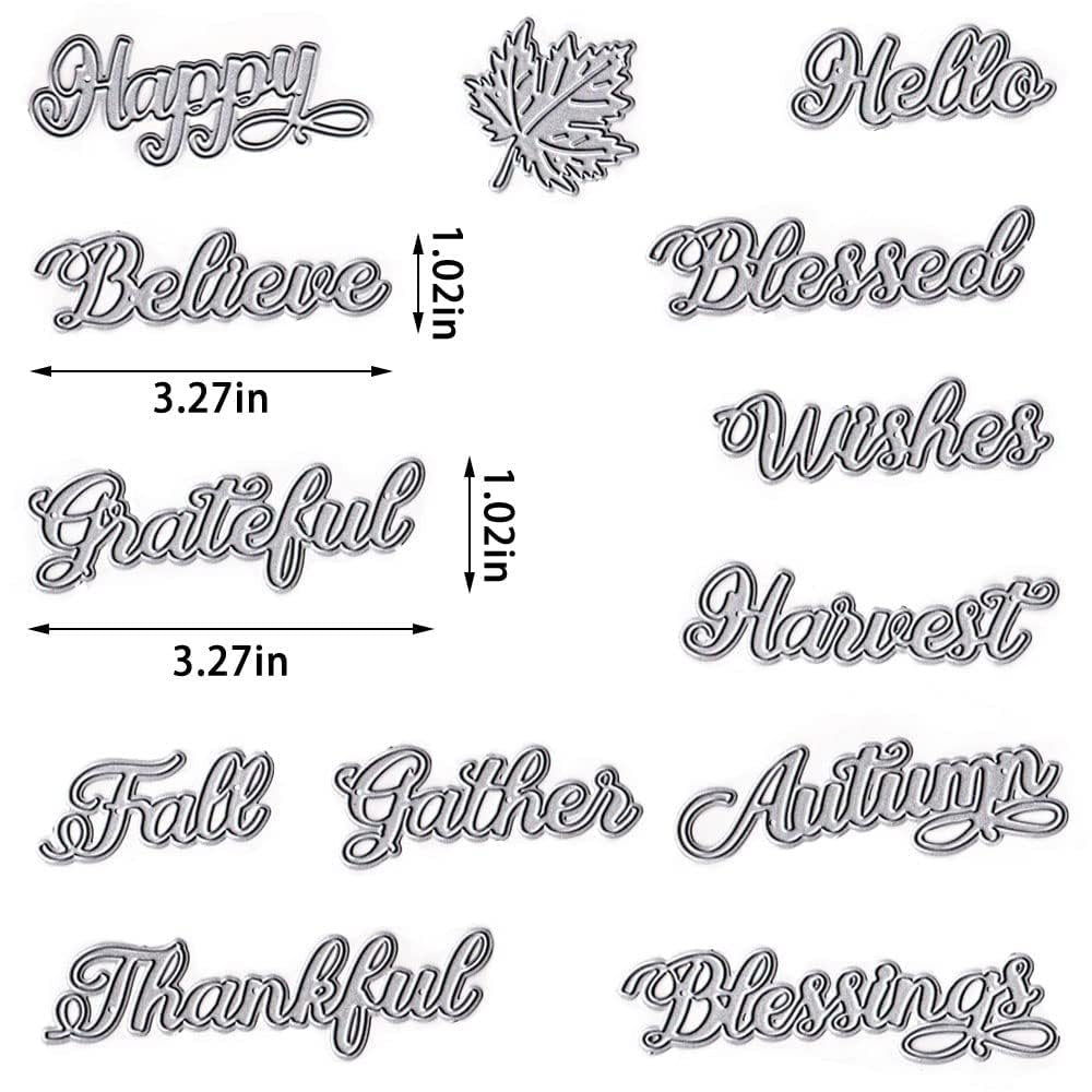 Autumn themed metal cutting dies including words like Happy, Believe, Grateful, Fall, Thankful, Hello, Blessed, Wishes, Harvest, Gather, Autumn, Blessings, and a maple leaf shape.