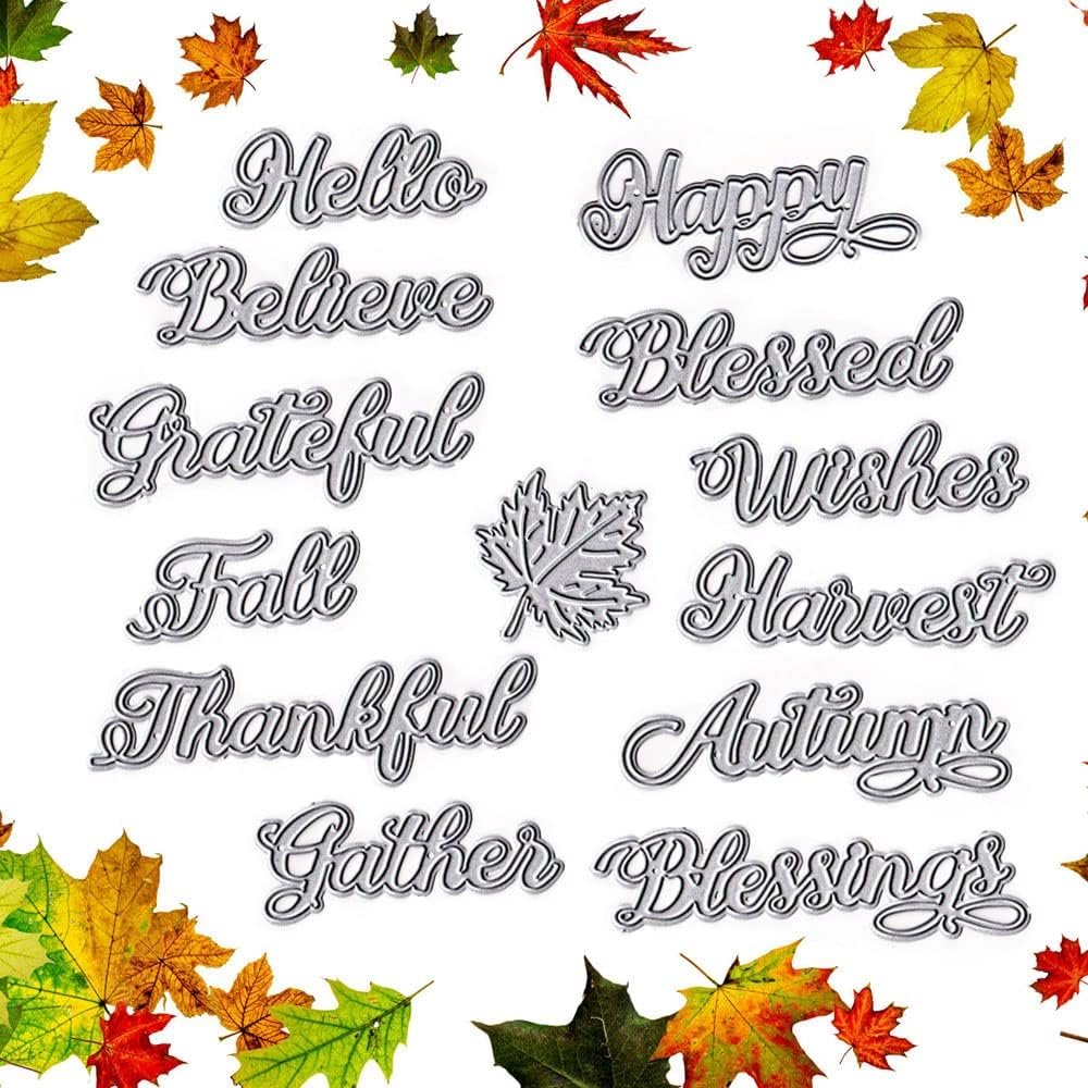Carbon steel cutting die set with autumn words and maple leaf shapes, surrounded by fall leaves.