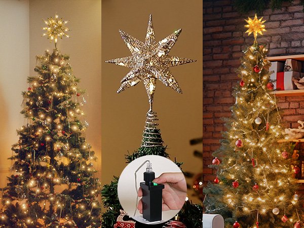 Three views of a silver starburst Christmas tree topper with lights, one showing a close-up of the topper and its power source.