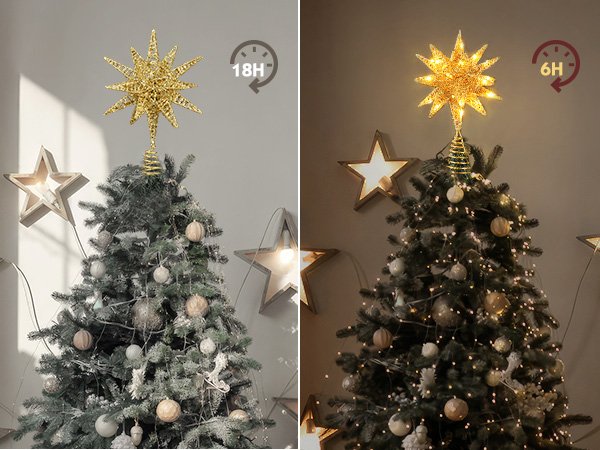 Gold starburst tree topper on a decorated Christmas tree, shown with and without lights.