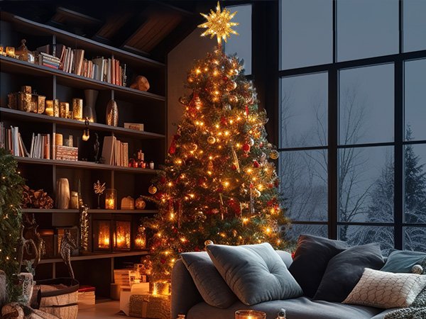 Festively decorated Christmas tree with a starburst topper in a cozy living room setting with bookshelves and a sofa.