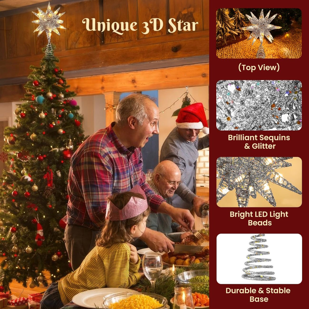 Family enjoying Christmas dinner with a lighted star tree topper on a decorated tree in the background.