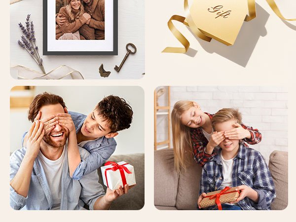 Collage of four scenes: framed photo with lavender, heart-shaped gift box, father and son with gift, and two children with gift.