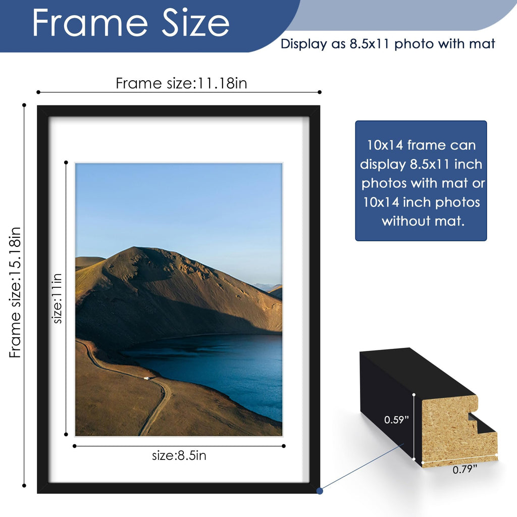 Black wood picture frame with dimensions and matting information displayed. Includes a cross-section of the frame profile.