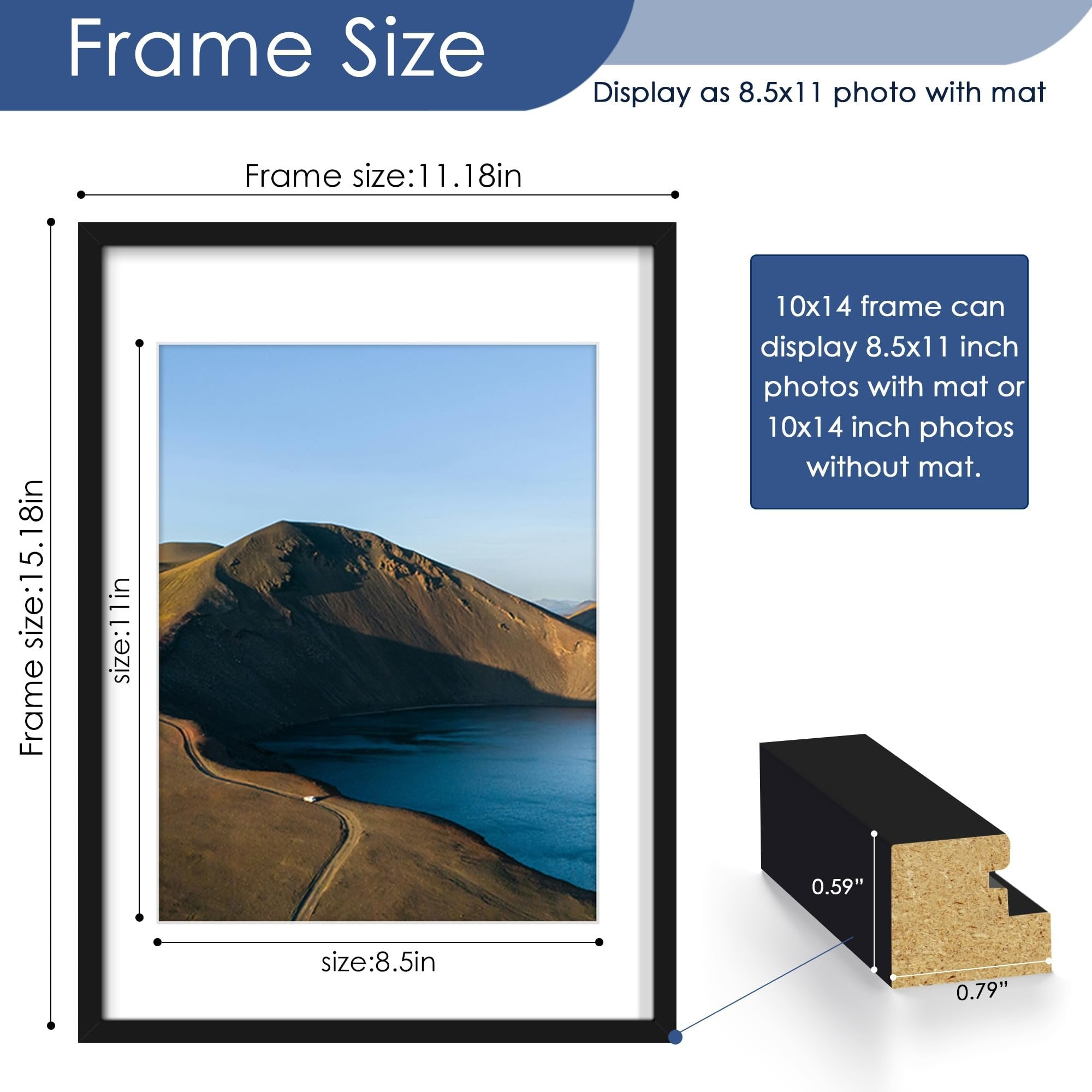 Black wood picture frame with dimensions and matting information displayed. Includes a cross-section of the frame profile.