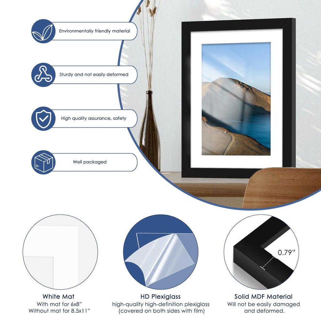 Black wood picture frame with white mat and landscape photo, showing material details and features.