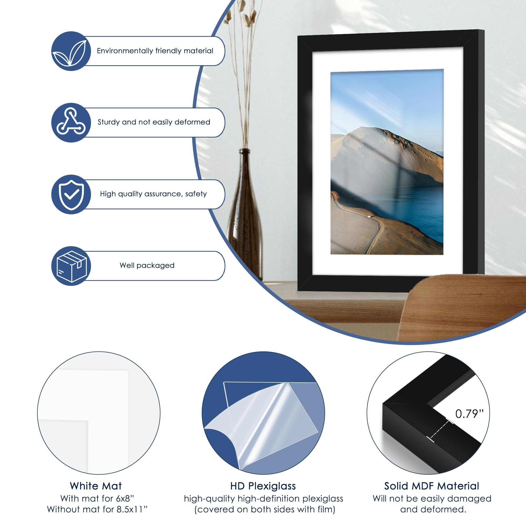 Black wood picture frame with white mat and landscape photo, showing material details and features.