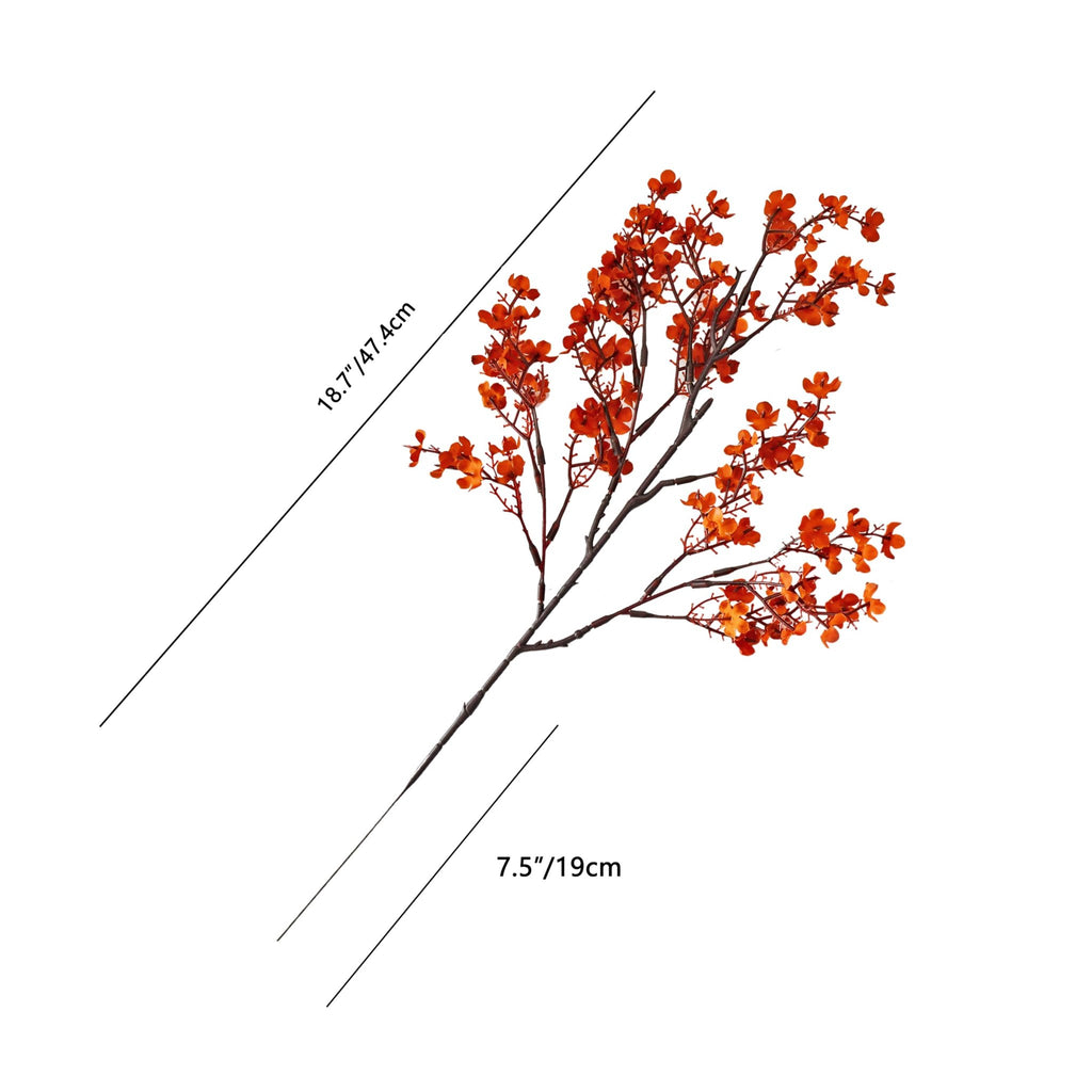 Burnt orange artificial baby's breath flower stem with dimensions indicated, isolated on white background.