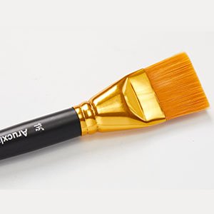 Flat paint brush with black handle and gold ferrule, showing nylon bristles
