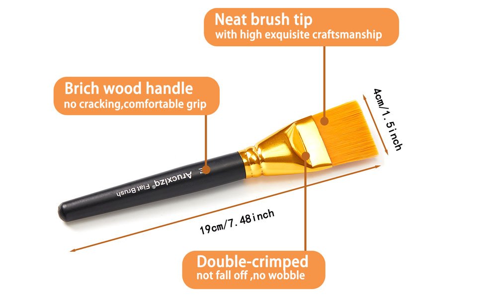 Flat paint brush with orange bristles and black handle, showing dimensions and features.