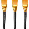 Three flat paint brushes with orange bristles and black handles, each showing the brand name and size.