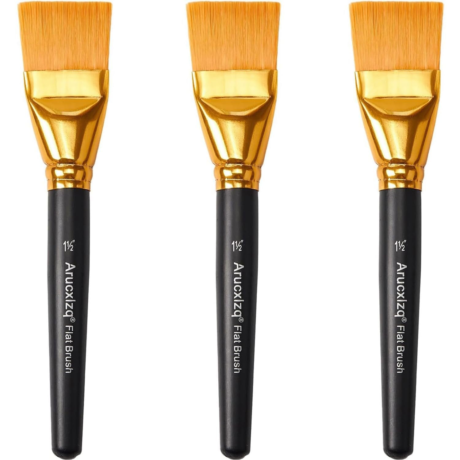 Three flat paint brushes with orange bristles and black handles, each showing the brand name and size.