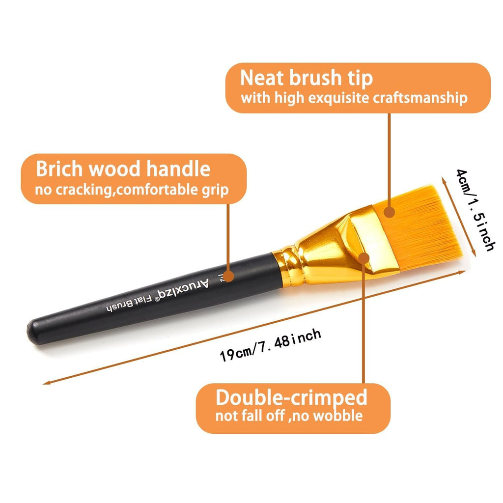 Flat paint brush with black handle and gold ferrule, showing dimensions and features.