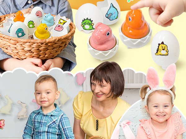 Toddlers and adult playing with colorful matching sensory Easter eggs with dinosaur figures inside.