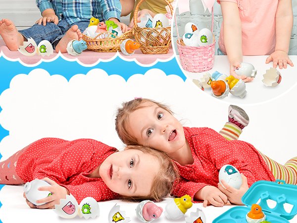 Toddlers playing with colorful matching sensory Easter egg toys, some with dinosaur and chick figures inside.