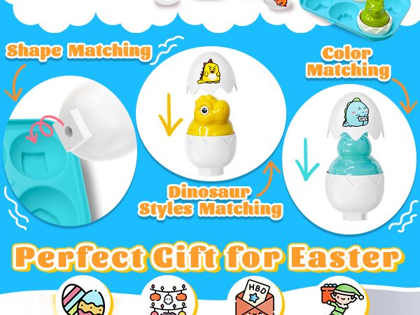 Easter egg toys with dinosaurs inside, demonstrating shape, color, and dinosaur matching for toddlers.