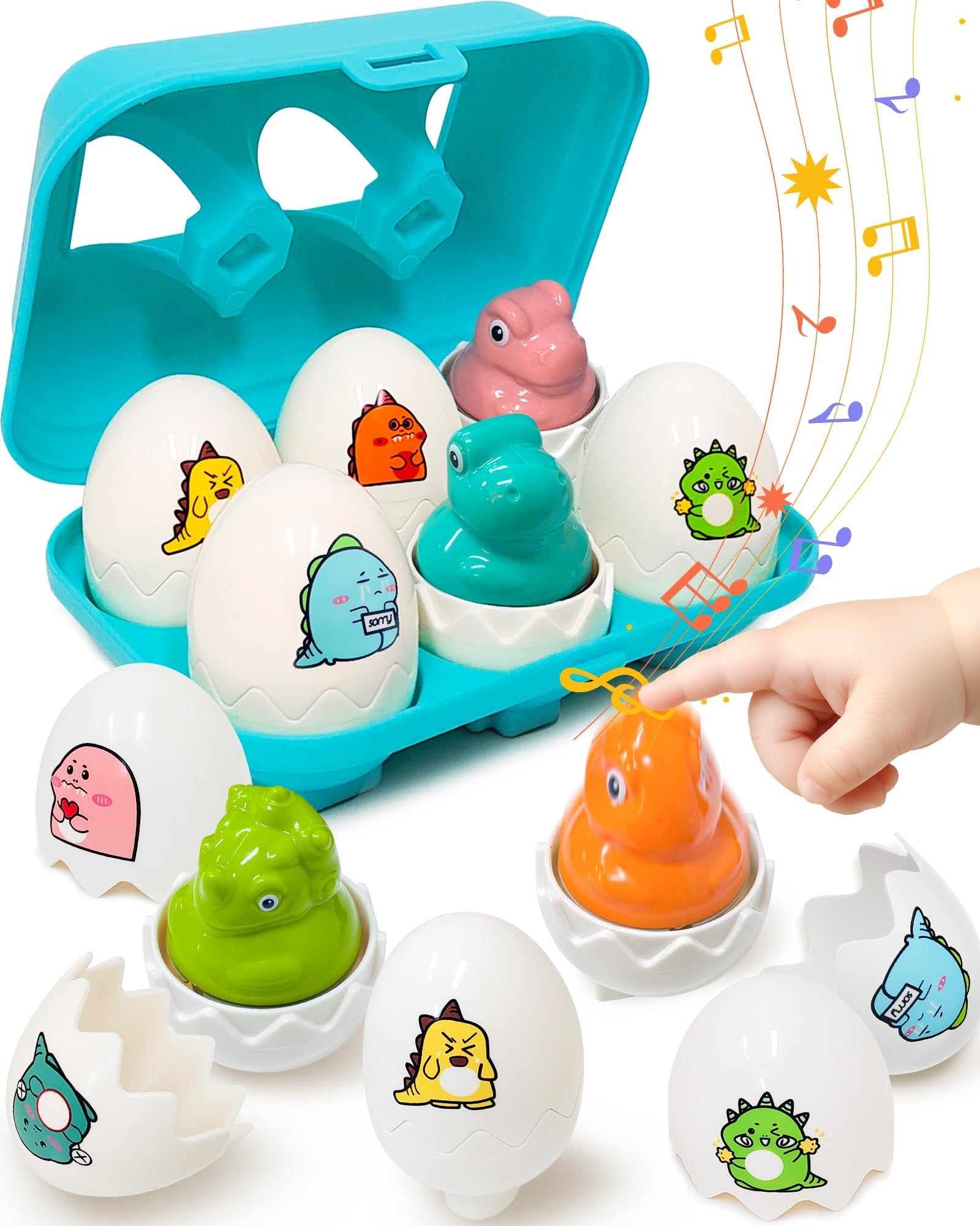 Toddler's hand touching a toy dinosaur egg with musical notes overlay. Six colorful dinosaur eggs are in a blue carrier.