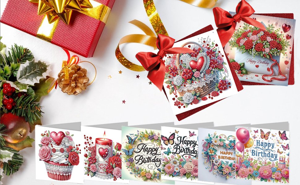 Collection of six diamond art greeting cards with floral and birthday themes, arranged with a gift box and festive decorations.