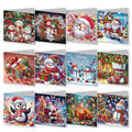 Collage of 12 Christmas and New Year diamond art greeting cards featuring snowmen, Santa, penguins, and gifts.