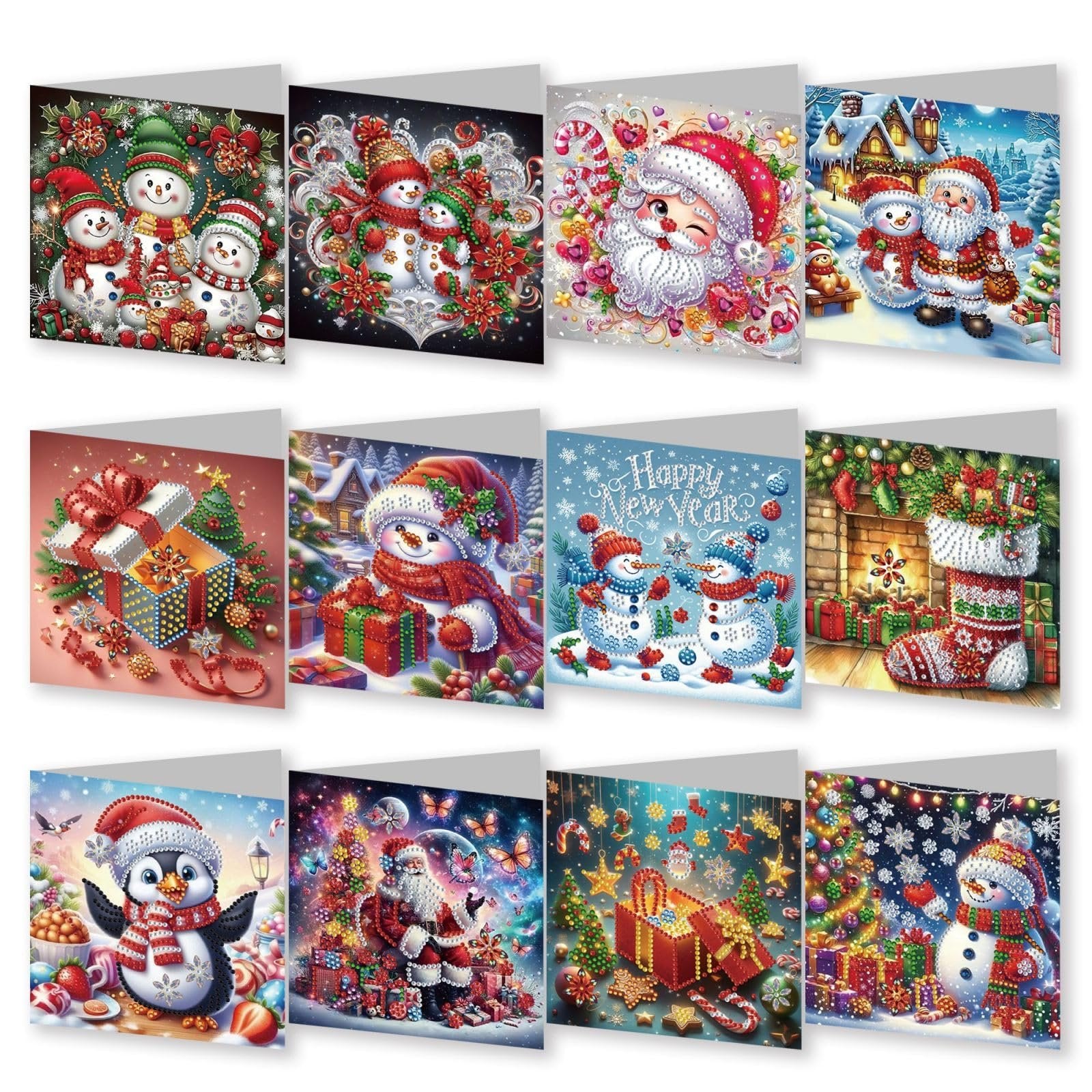Collage of 12 Christmas and New Year diamond art greeting cards featuring snowmen, Santa, penguins, and gifts.
