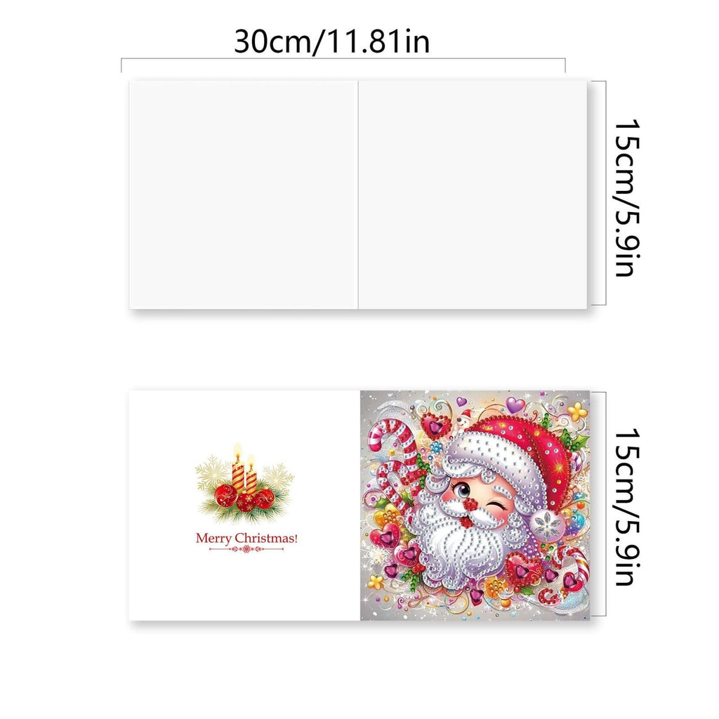 Diamond art Christmas cards showing a folded card with dimensions and a decorated card front with Santa and candles.