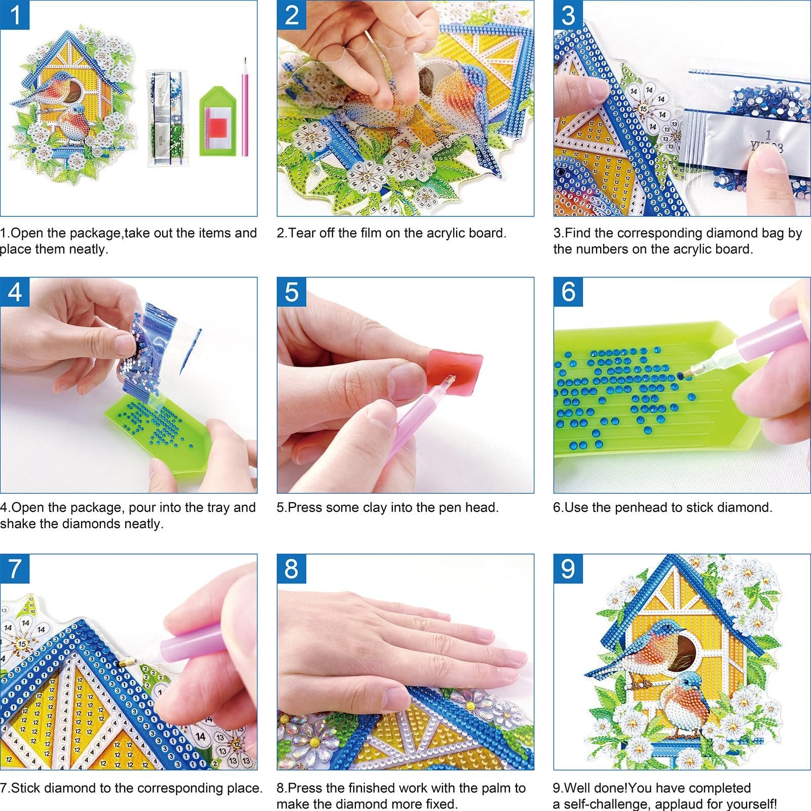 Collage of 9 images showing steps to create a diamond art Christmas card with birds and a birdhouse design.