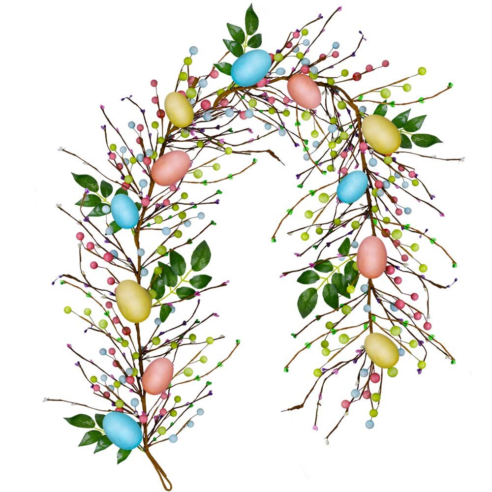 Easter garland with pastel foam eggs, green leaves, and colorful berries on a branch base with a hanging loop.