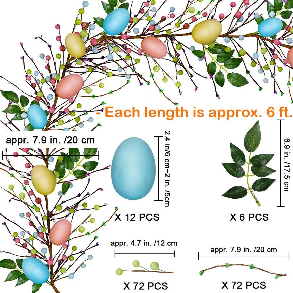 Easter garland with pastel foam eggs, berries, and green leaves, showing dimensions and component counts.