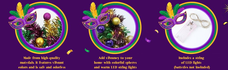 Three circular panels showing Mardi Gras themed garland components: tinsel, ornaments, and LED lights with battery pack.