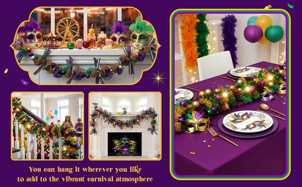 Mardi Gras garland with masks, beads, and lights displayed on a mantel, staircase, and table setting.
