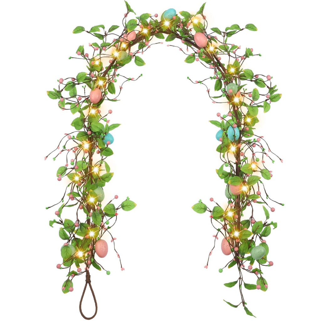 Easter egg garland with LED lights, green leaves, pink and blue eggs, and pink berries on a white background.