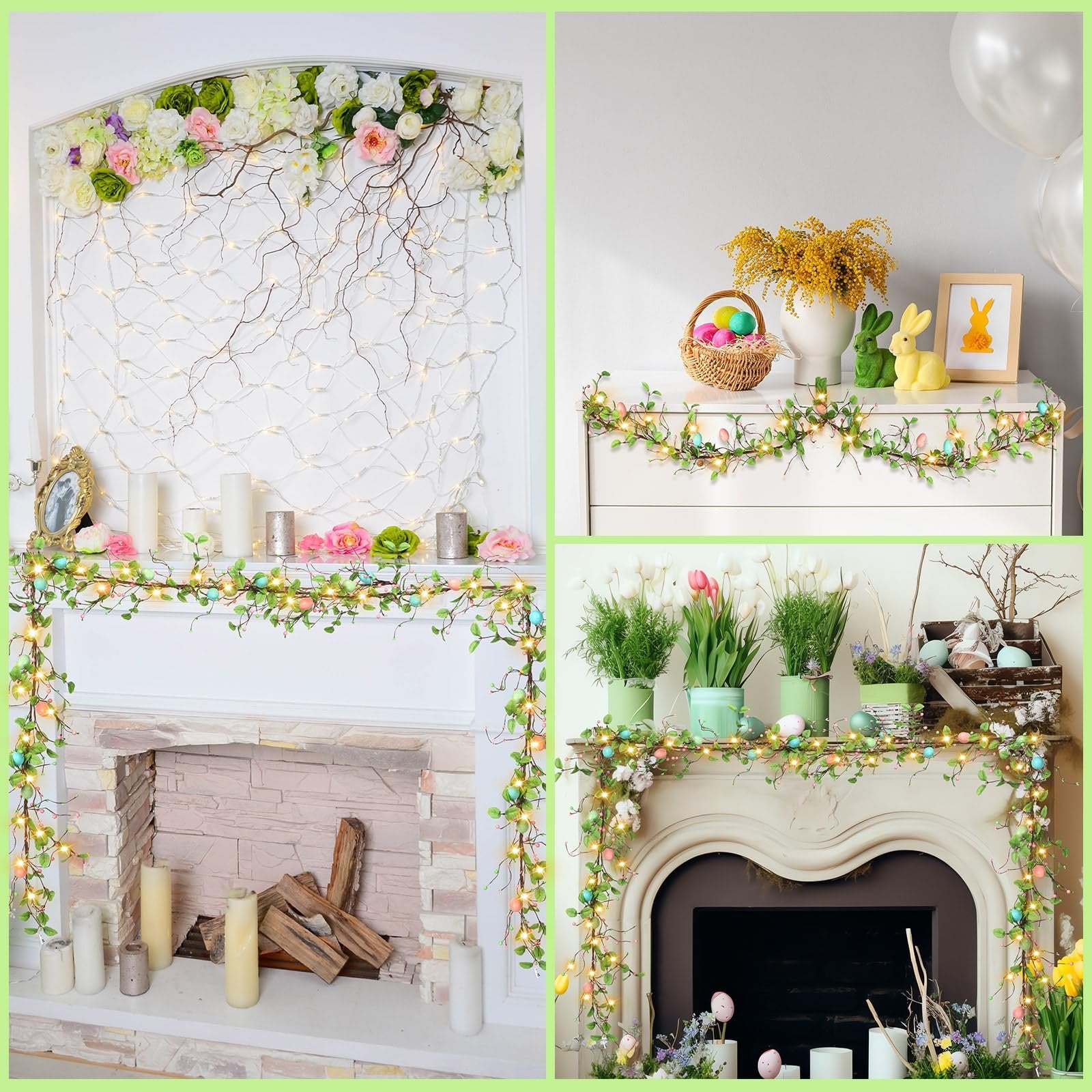 Collage of Easter garlands with lights and eggs decorating mantels and shelves with spring decor.