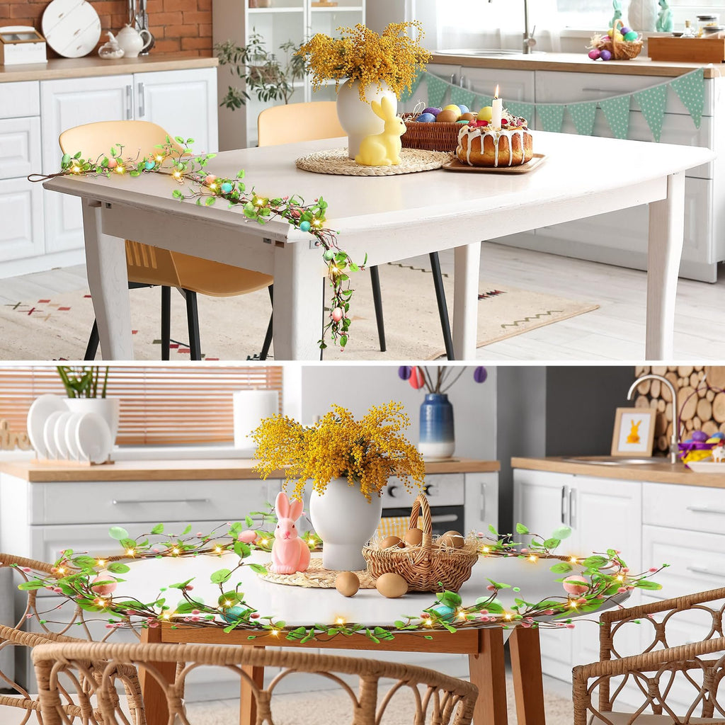 Easter egg garland with LED lights draped across a white table with spring decor.