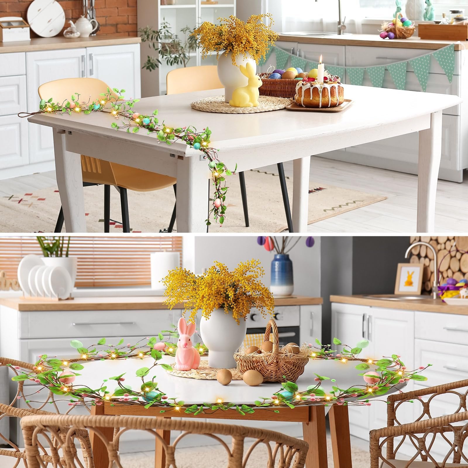 Easter egg garland with LED lights draped across a white table with spring decor.